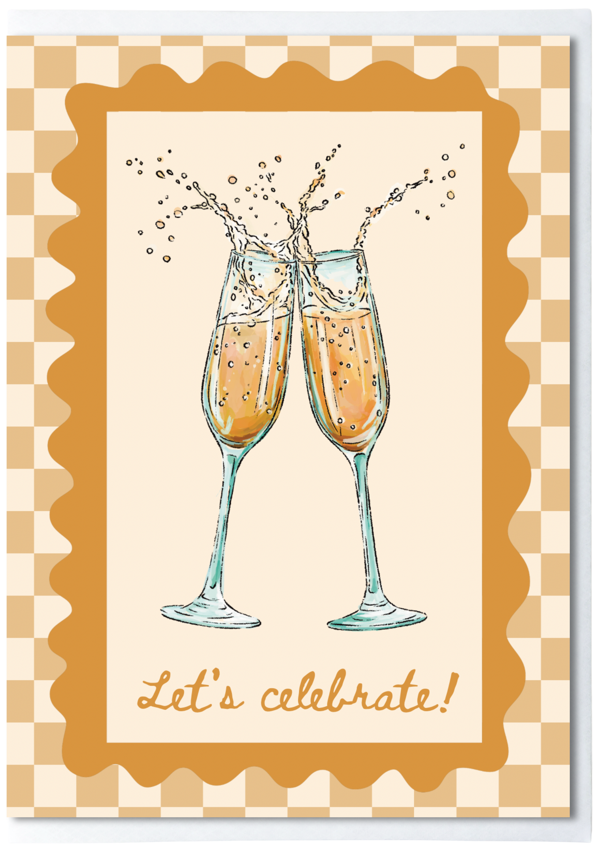 Greeting card with checkered background, illustration of champagne glasses and the words ‘let’s celebrate’