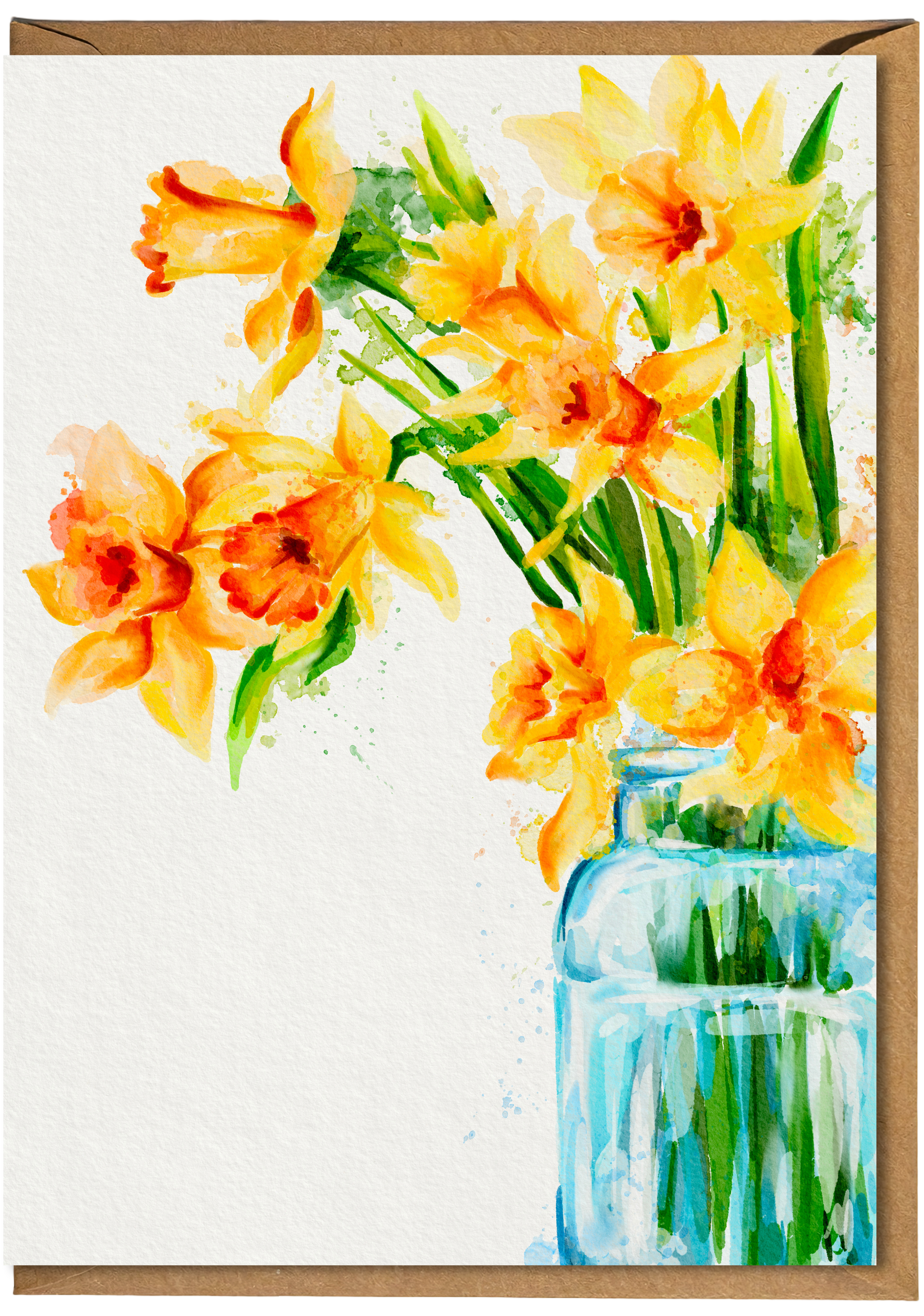 Vibrant watercolour daffodil illustration on a greeting card