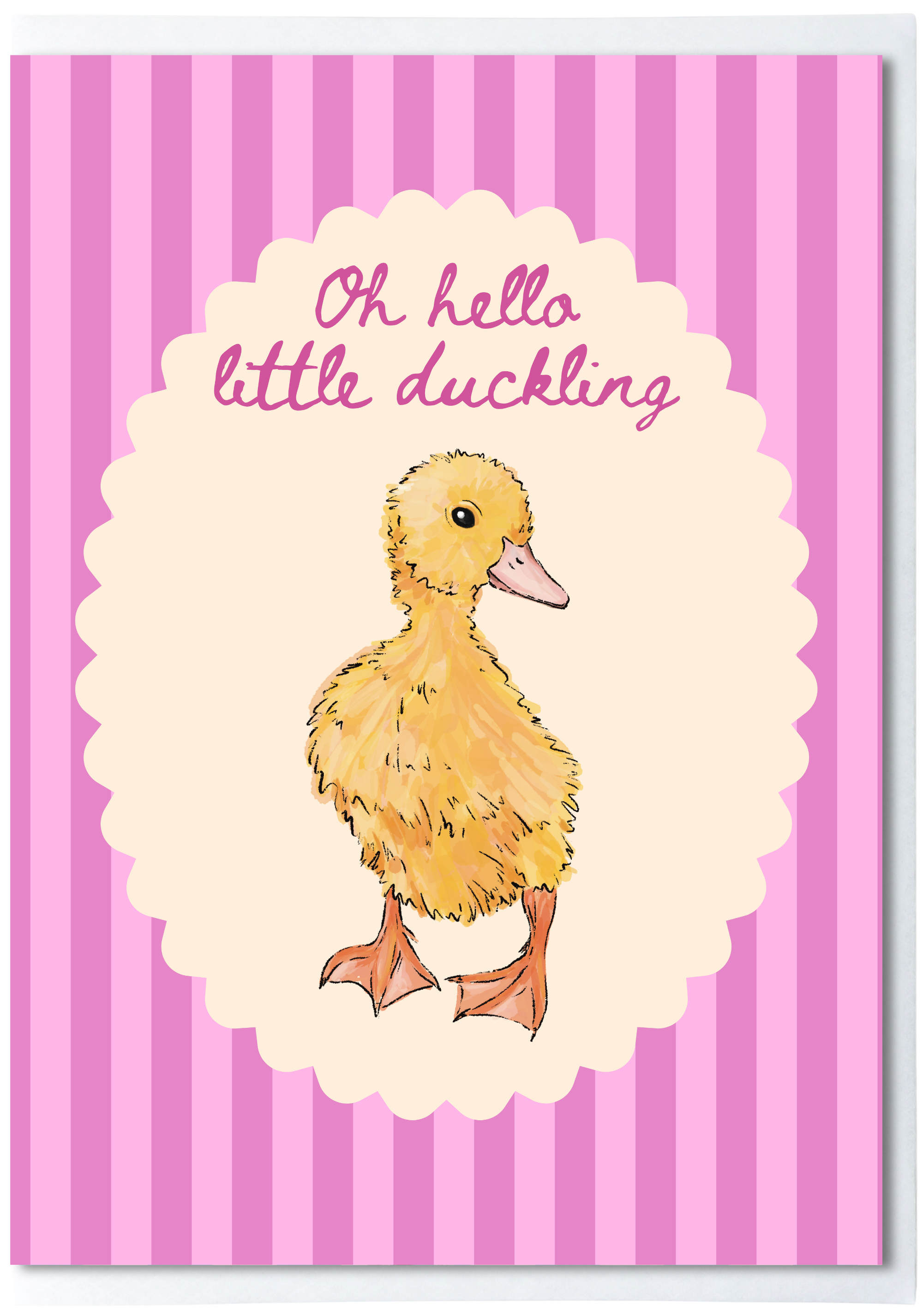 Pink striped greeting card with duckling illustration and words ‘oh hello little duckling’
