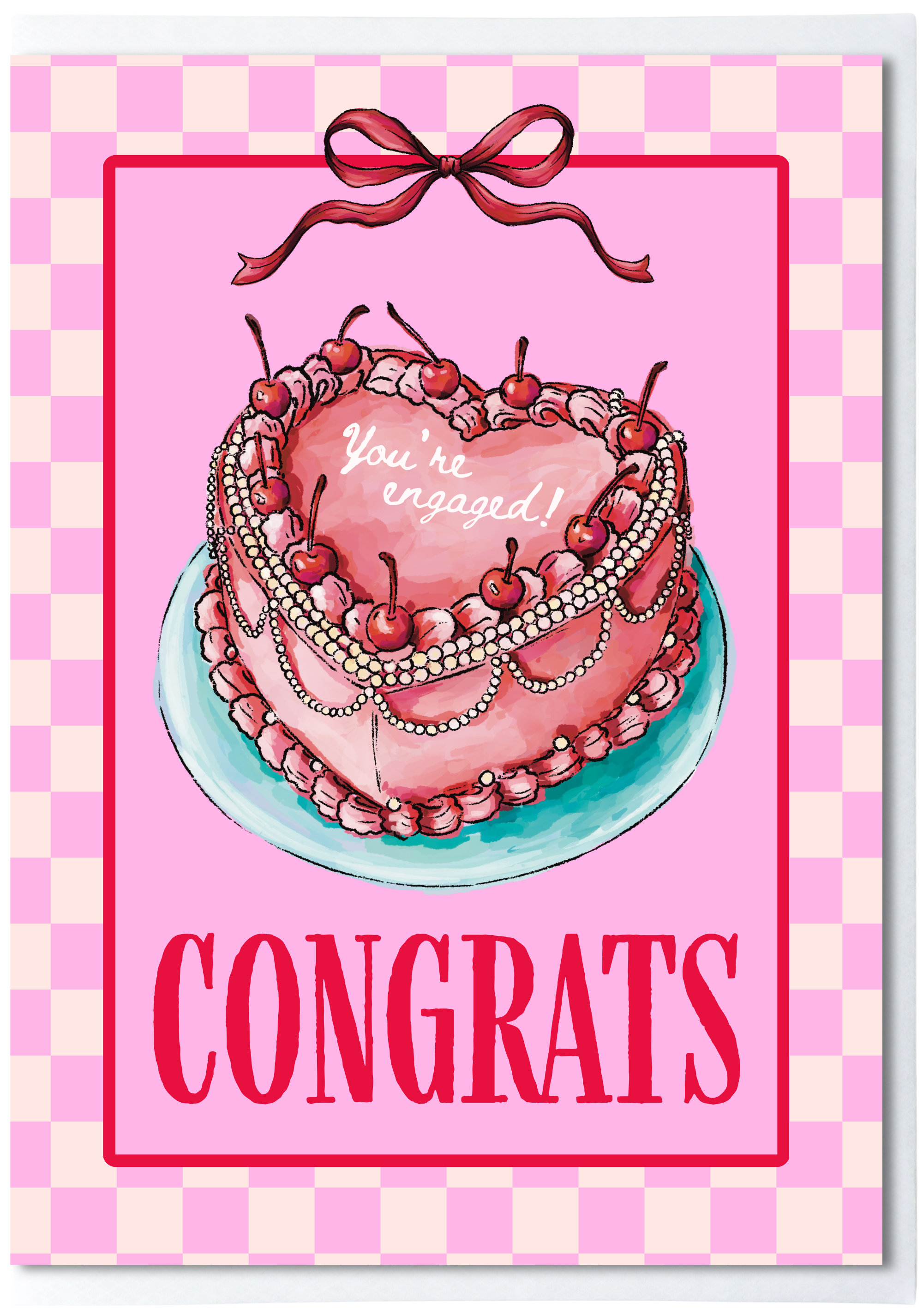 Vibrant pink and red checkered greeting card with heart cake illustration and large ‘congrats’