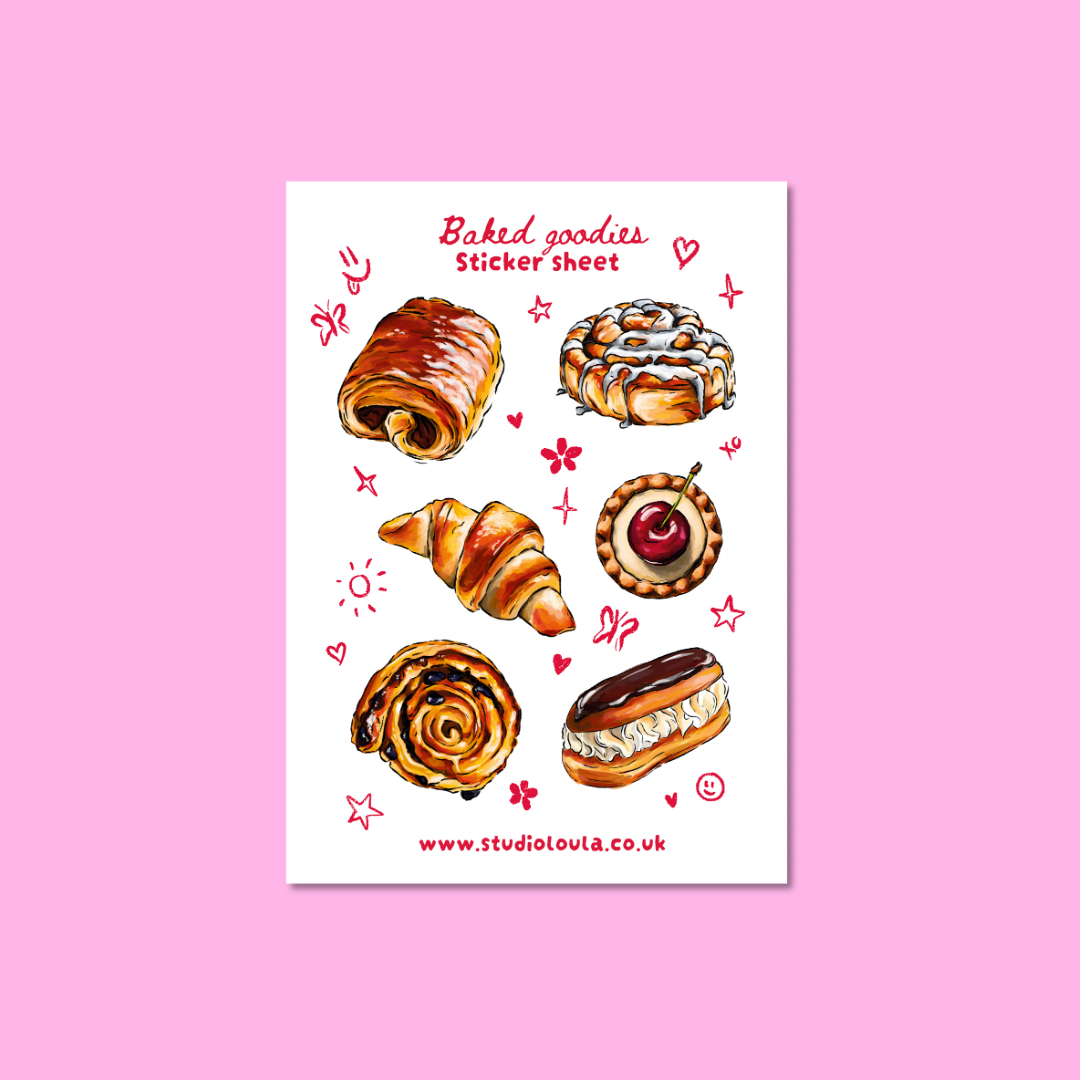 A white sticker sheet featuring watercolor illustrations of various baked goods, including croissants, pastries, and a chocolate tart, with the text 'Baked goodies Sticker sheet' and 'www.studiolouia.