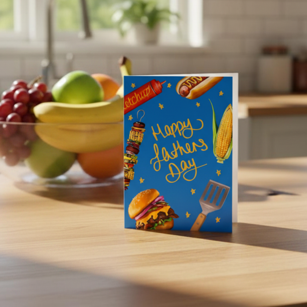 Father's Day card with burgers, hot dogs, corn, and a spatula on a blue background. Displayed on a sunny kitchen table.
