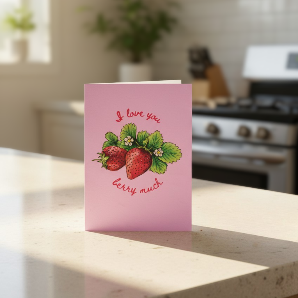 Pink card with strawberry design and text 'I love you berry much' on a kitchen counter.