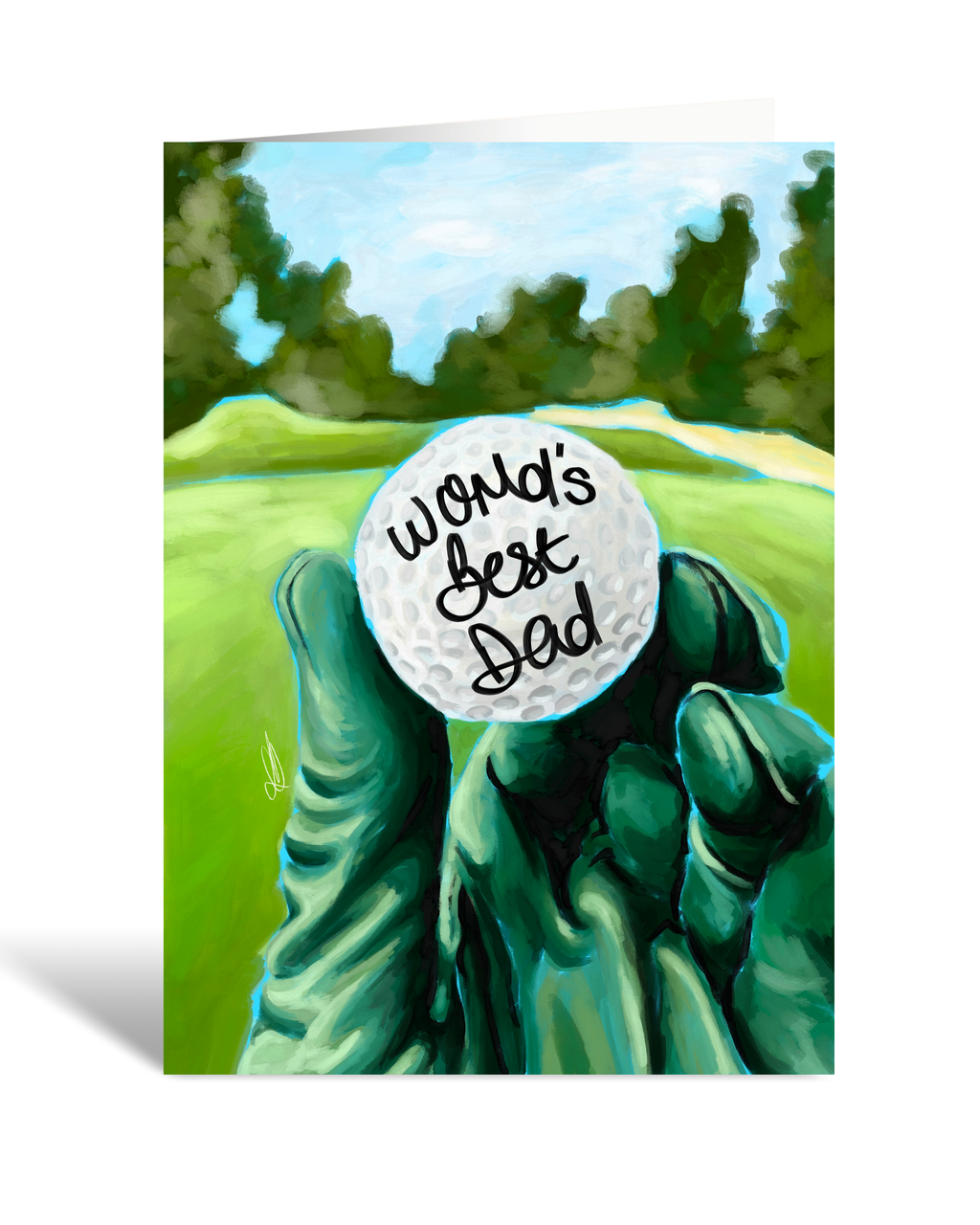 Greeting card with a hand holding a golf ball labeled 'World's Best Dad' against a golf course background.