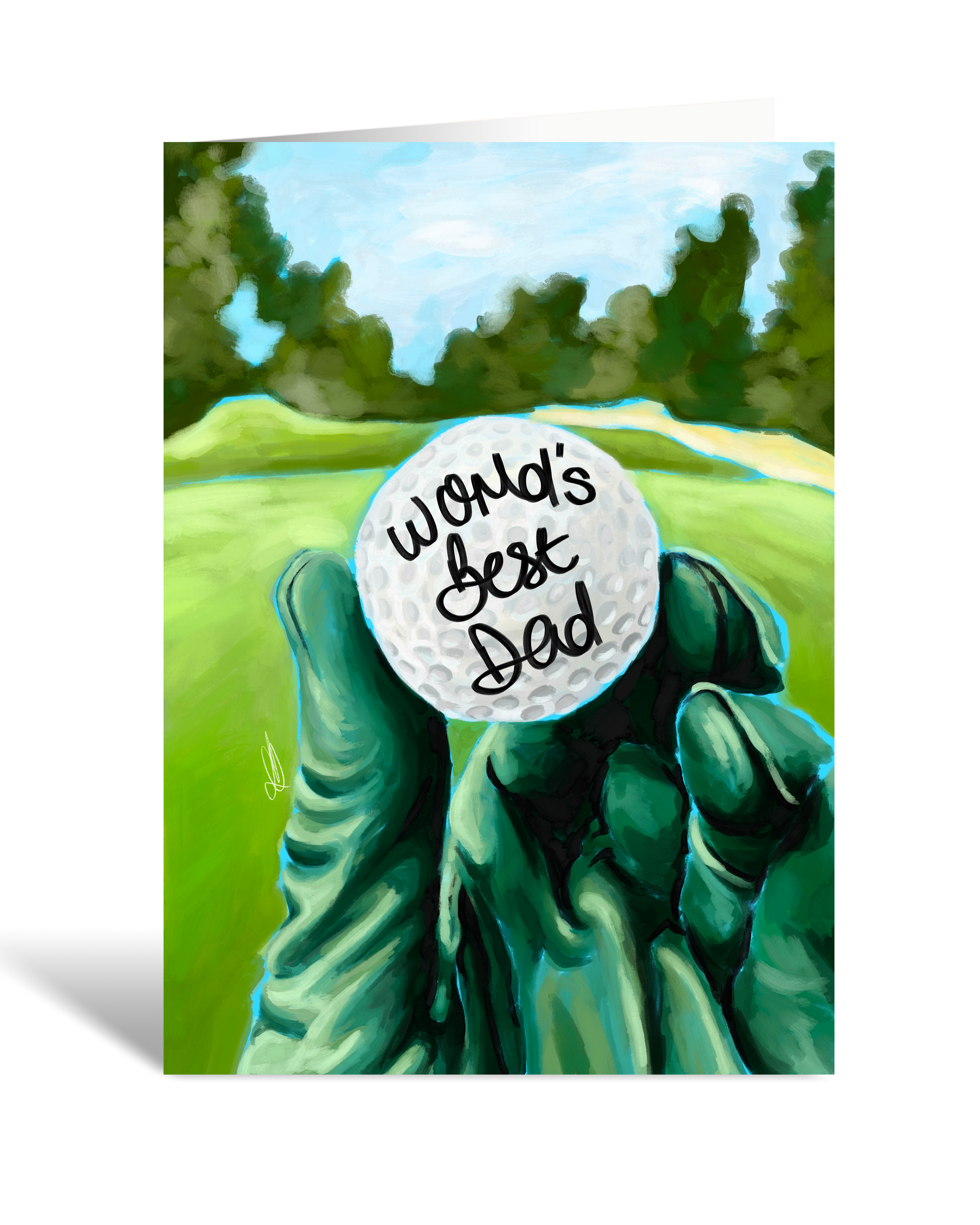 Greeting card with a hand holding a golf ball labeled 'World's Best Dad' against a golf course background.