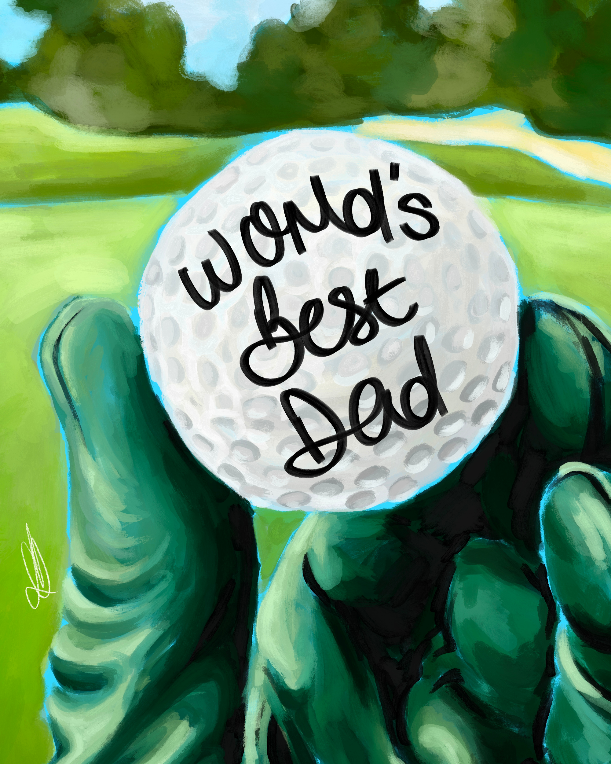 Golf ball with 'World's Best Dad' text held by green hands against a blurred green background