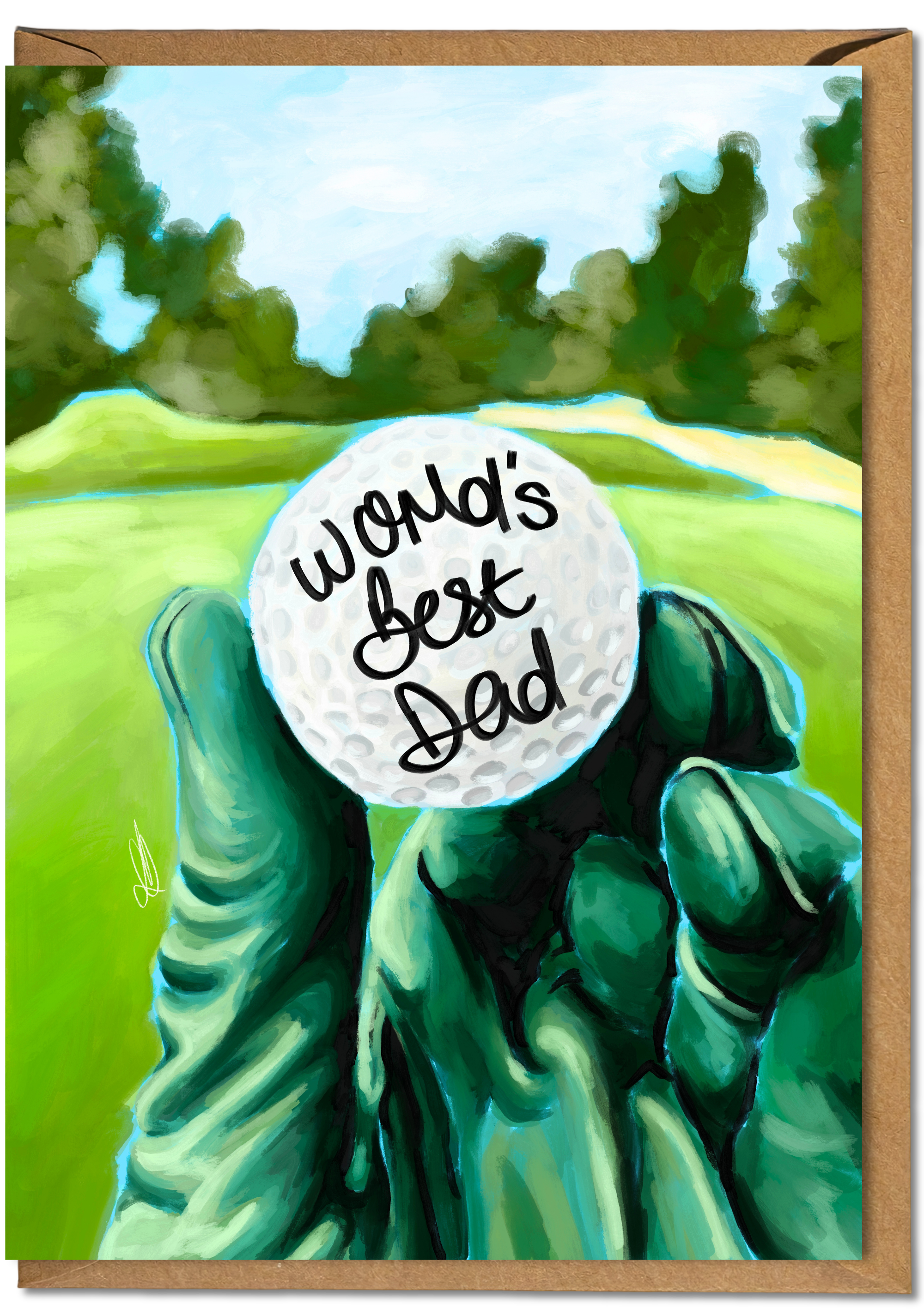 Greeting card with a gloved hand holding a golf ball labeled 'World's Best Dad' against a golf course background.