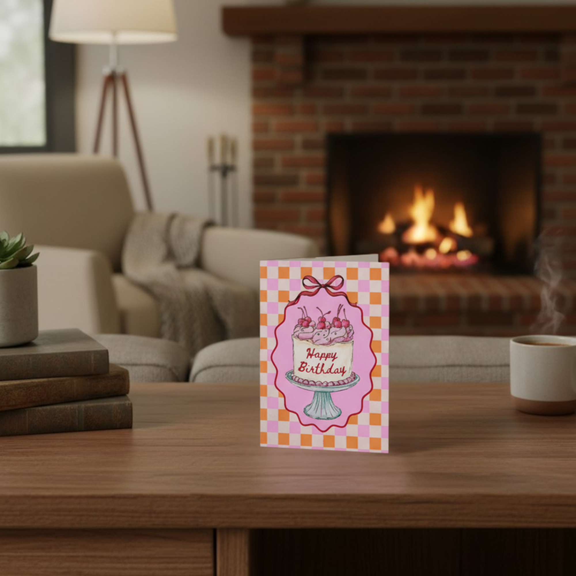 Birthday card on a table with a cozy living room background featuring a fireplace.