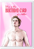 Birthday card with a shirtless man on a pink background with text.