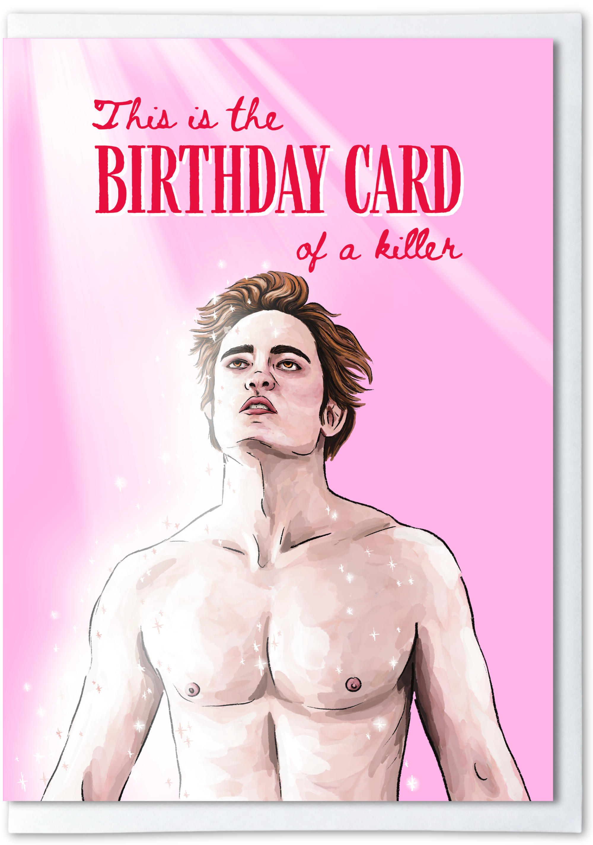 Birthday card with a shirtless man on a pink background with text.