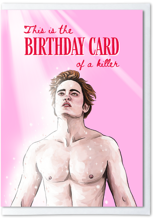 Birthday card with a shirtless man on a pink background with text.