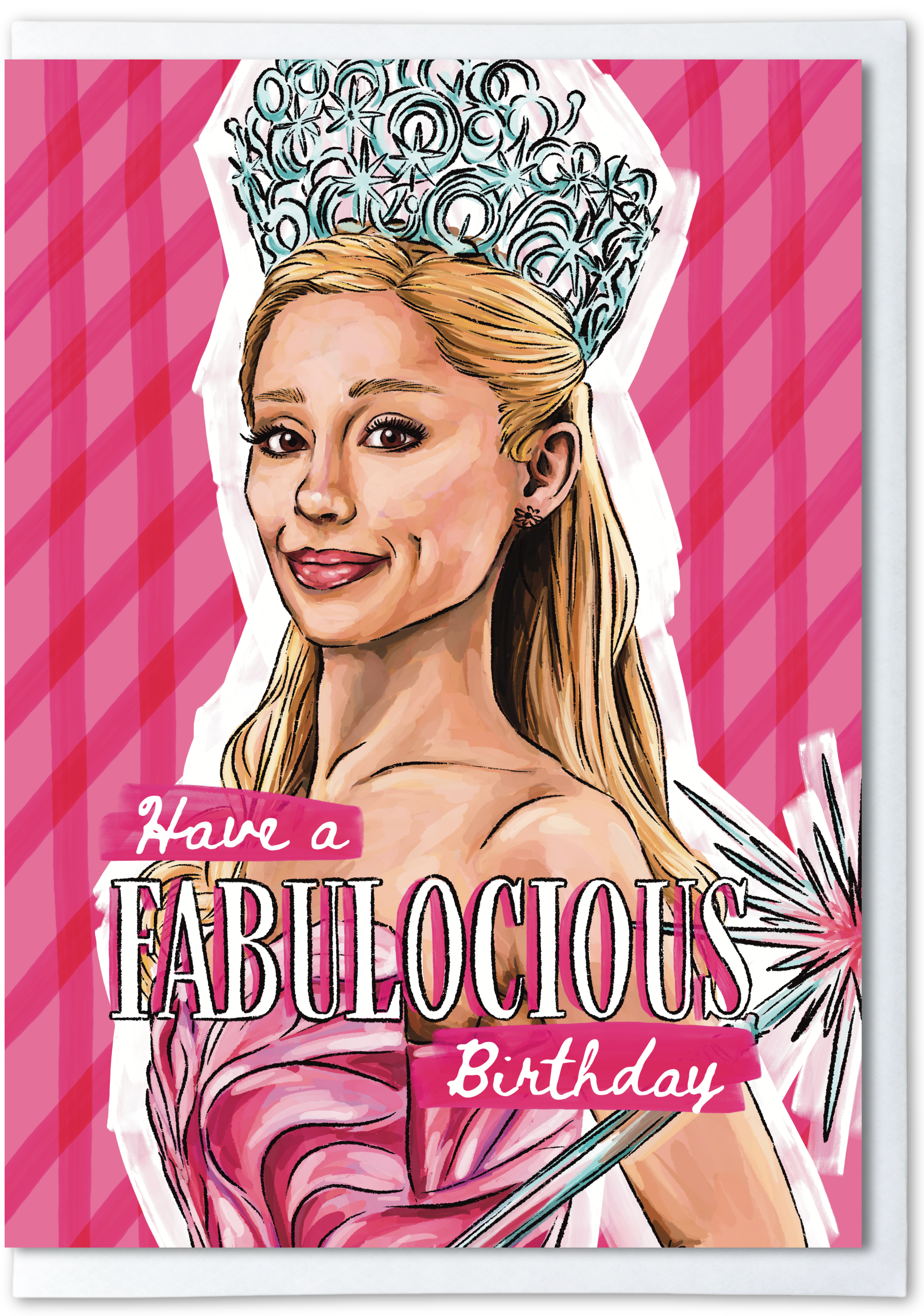 Cartoon character with a crown and birthday hat on a pink background with text 'Have a Fabulocious Birthday'.