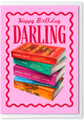 Stack of books with Sarah J. Maas' series on a pink background with 'Happy Birthday Darling' text.