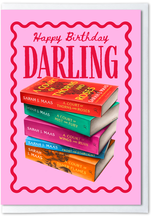 Stack of books with Sarah J. Maas' series on a pink background with 'Happy Birthday Darling' text.