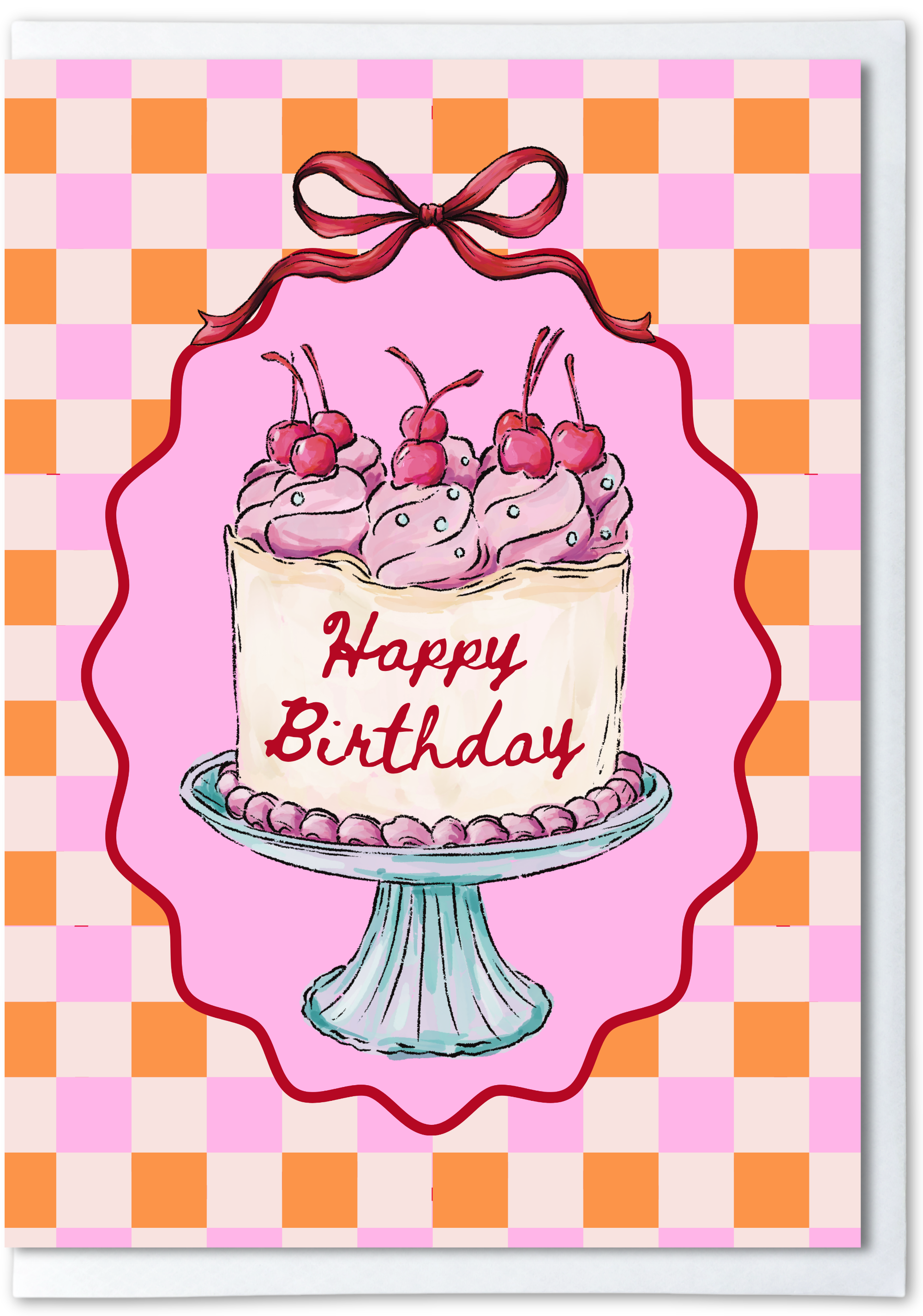 Birthday card with a cake illustration and 'Happy Birthday' text on a checkered background.