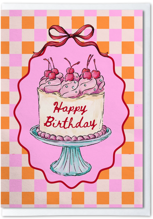 Birthday card with a cake illustration and 'Happy Birthday' text on a checkered background.