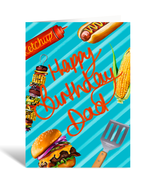 Greeting card with barbecue-themed illustrations and 'Happy Birthday Dad' text on a blue striped background.