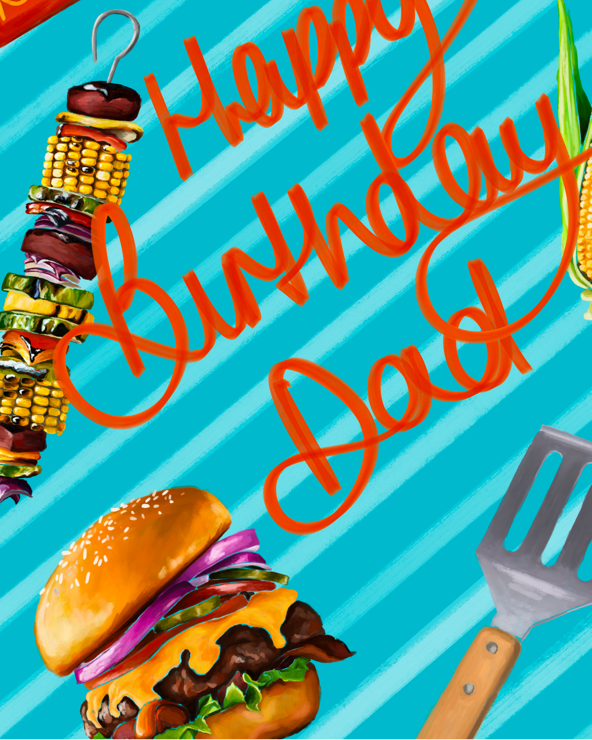 Happy Birthday Dad card with burgers, skewers, and a spatula on a blue striped background