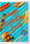 Birthday card for dad with barbecue-themed graphics on a blue striped background