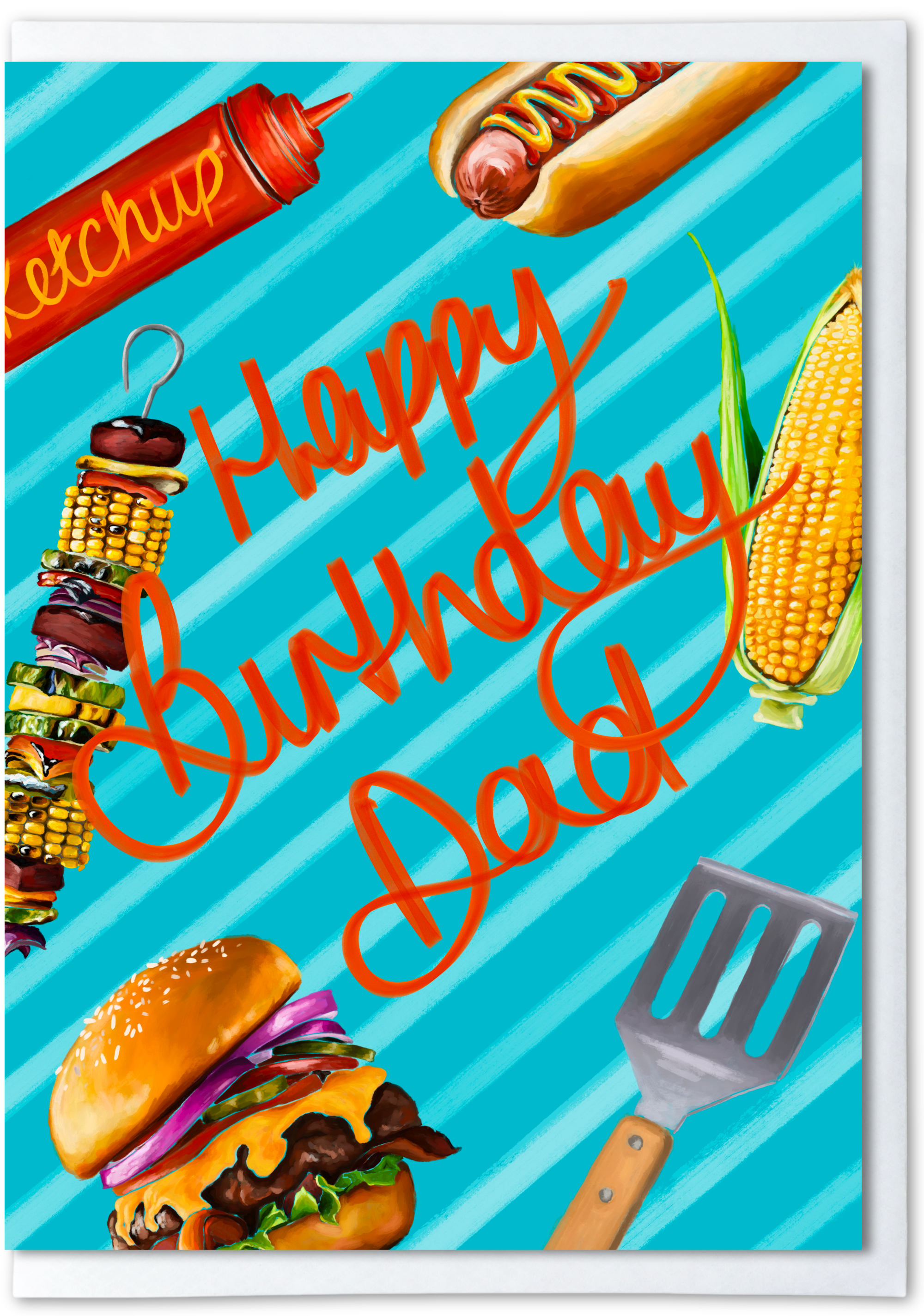 Birthday card for dad with barbecue-themed graphics on a blue striped background