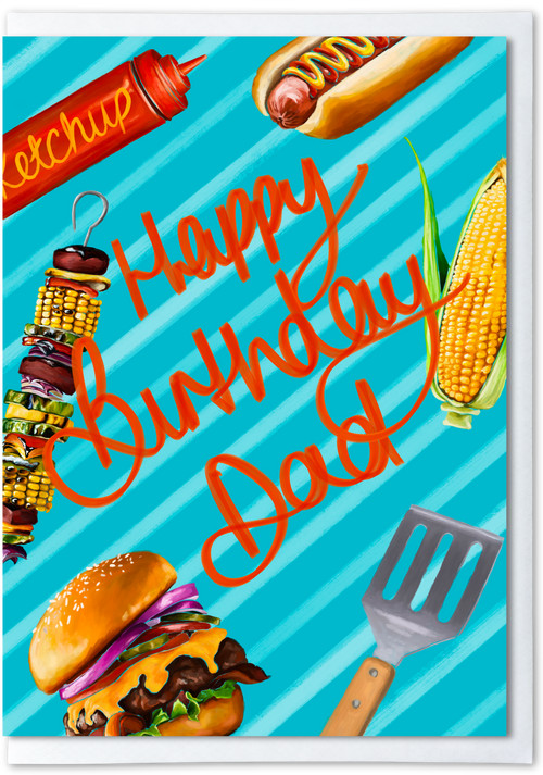 Birthday card for dad with barbecue-themed graphics on a blue striped background