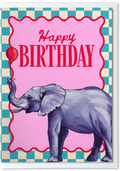Birthday card with an elephant holding a red balloon on a checkered background