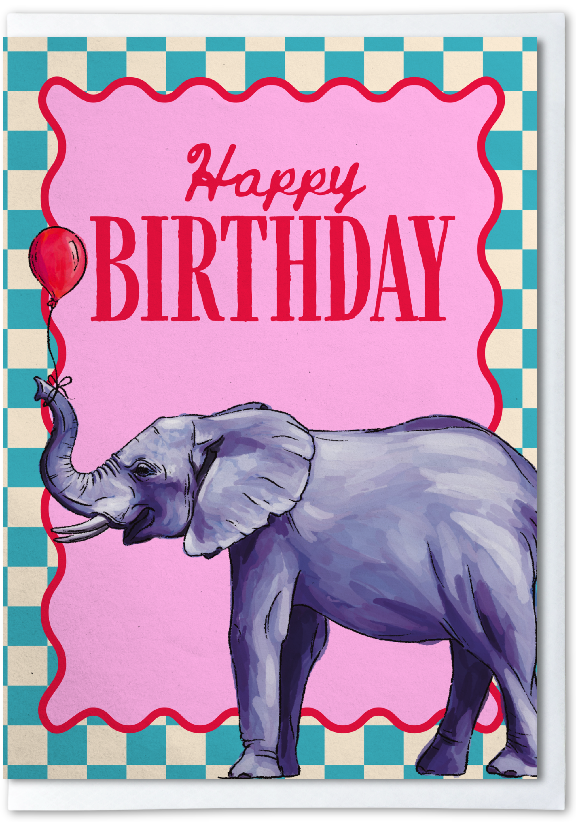 Birthday card with an elephant holding a red balloon on a checkered background