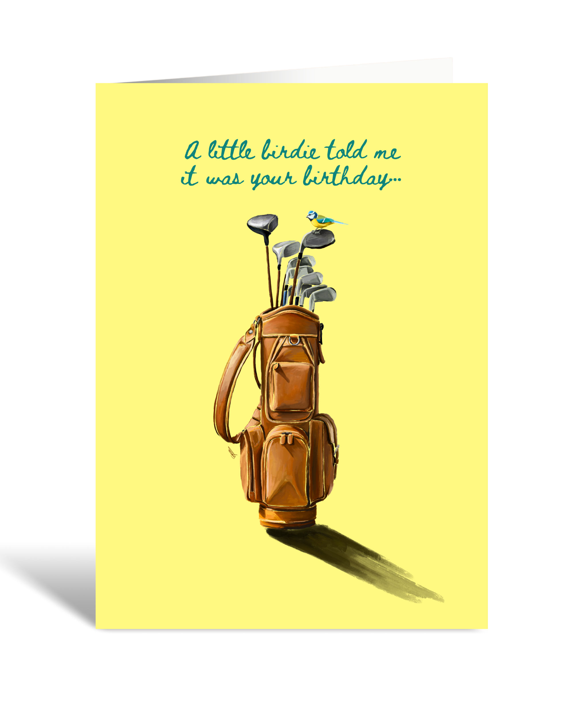 Greeting card with a golf bag illustration and humorous birthday message on a yellow background