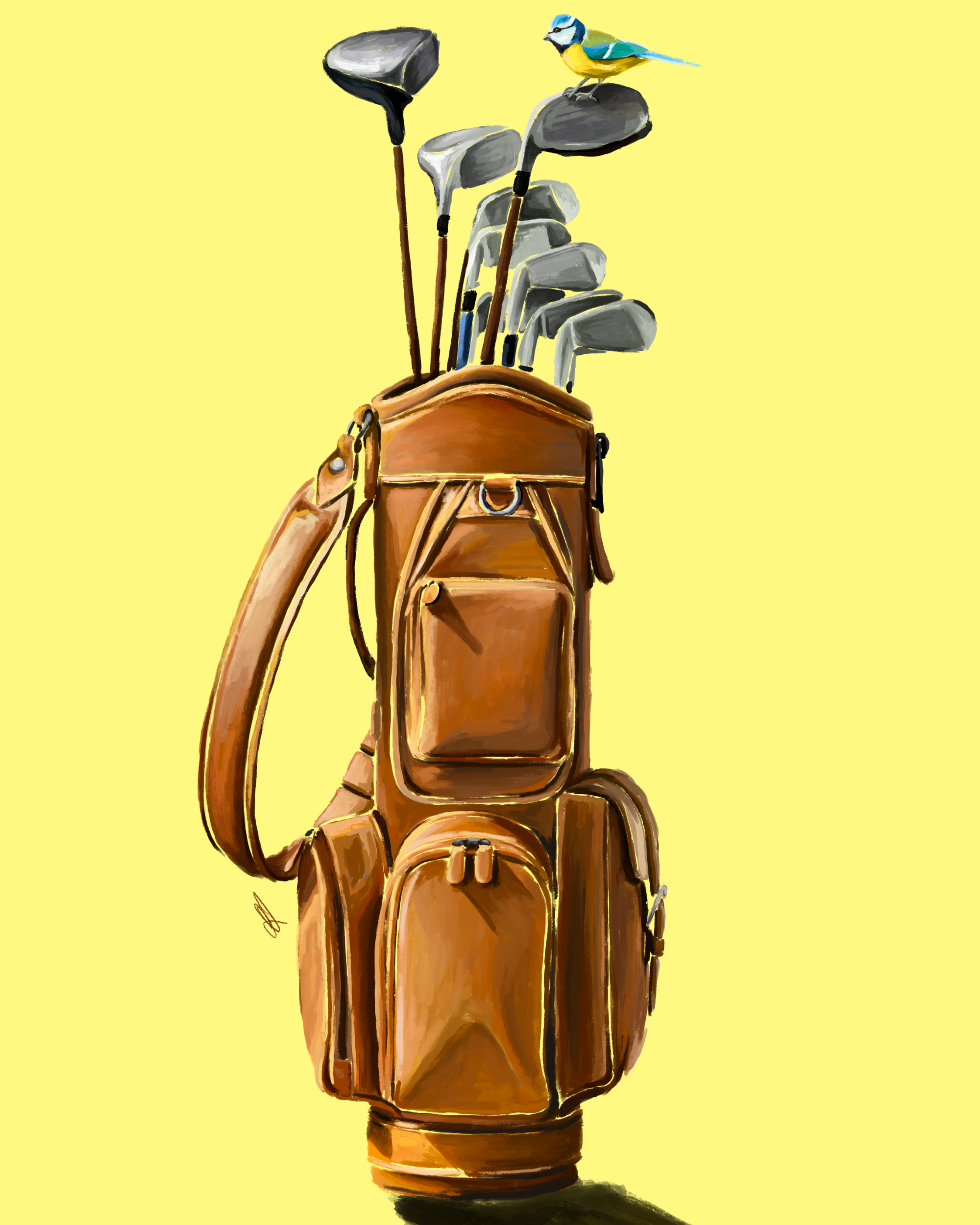 Brown golf bag with golf clubs on a yellow background