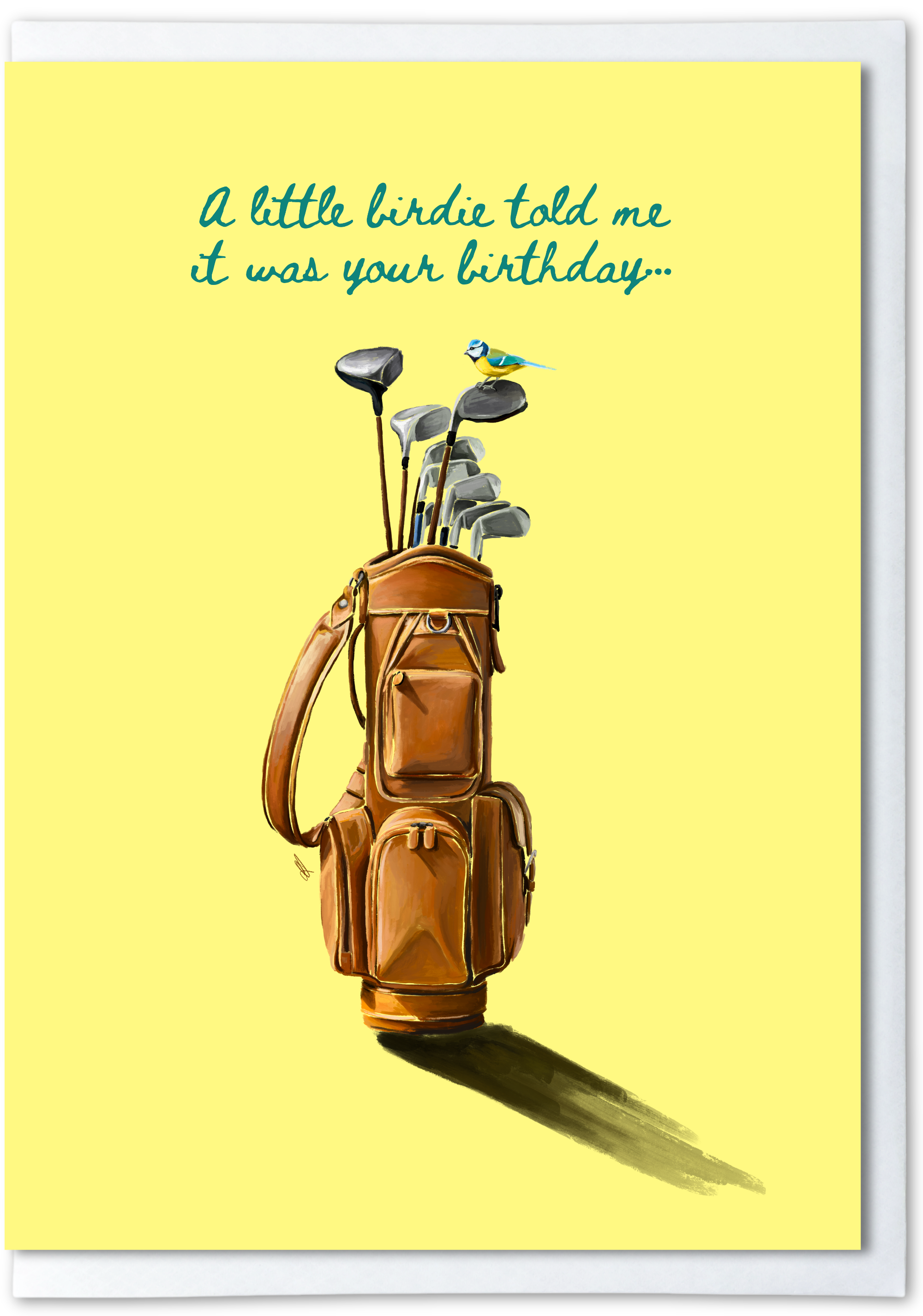 Birthday card with illustration of Golf bag with clubs on a yellow background with text 'A little birdie told me it was your birthday'.