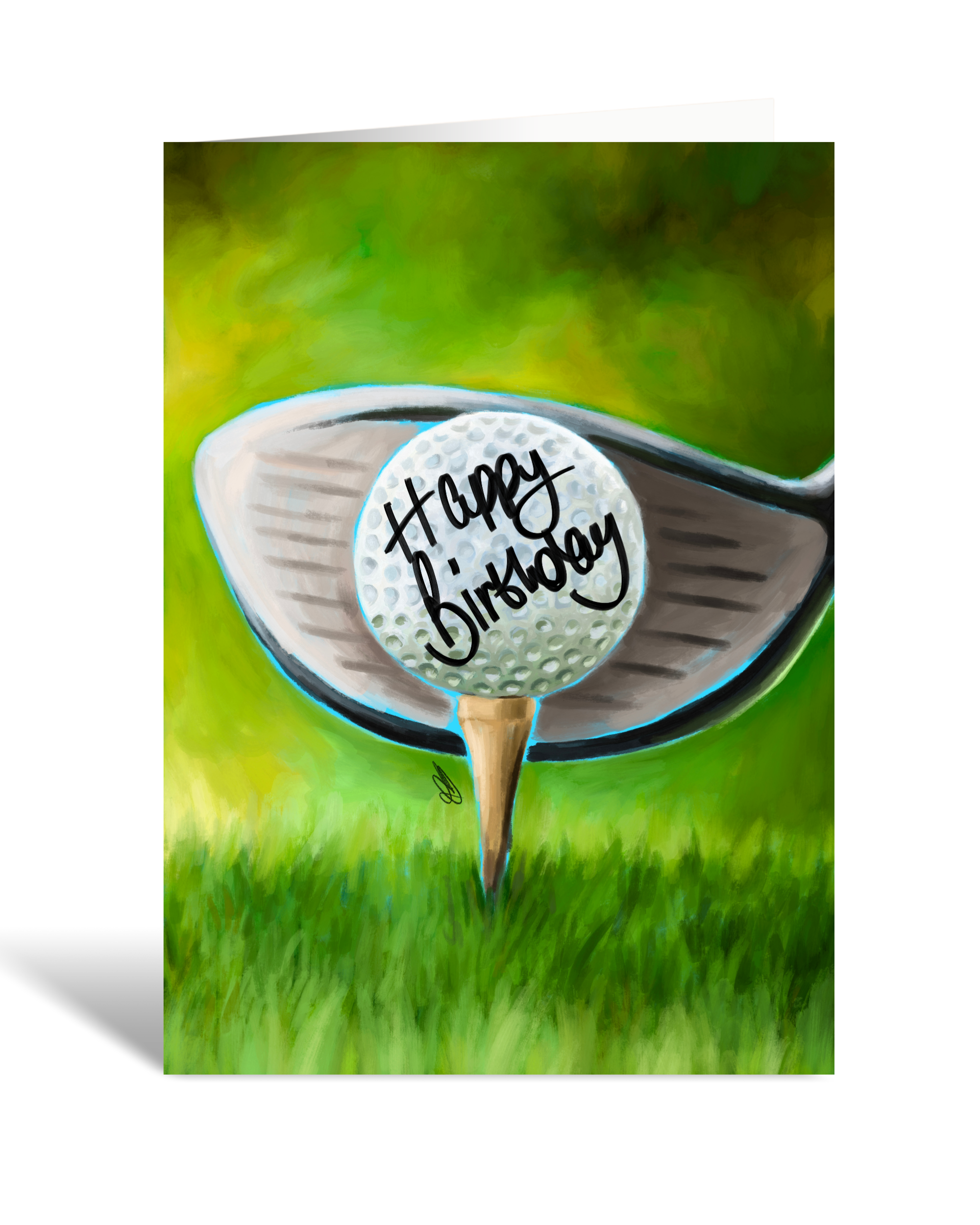 Greeting card with golf ball and club on a grass background, featuring 'Happy Birthday' text.