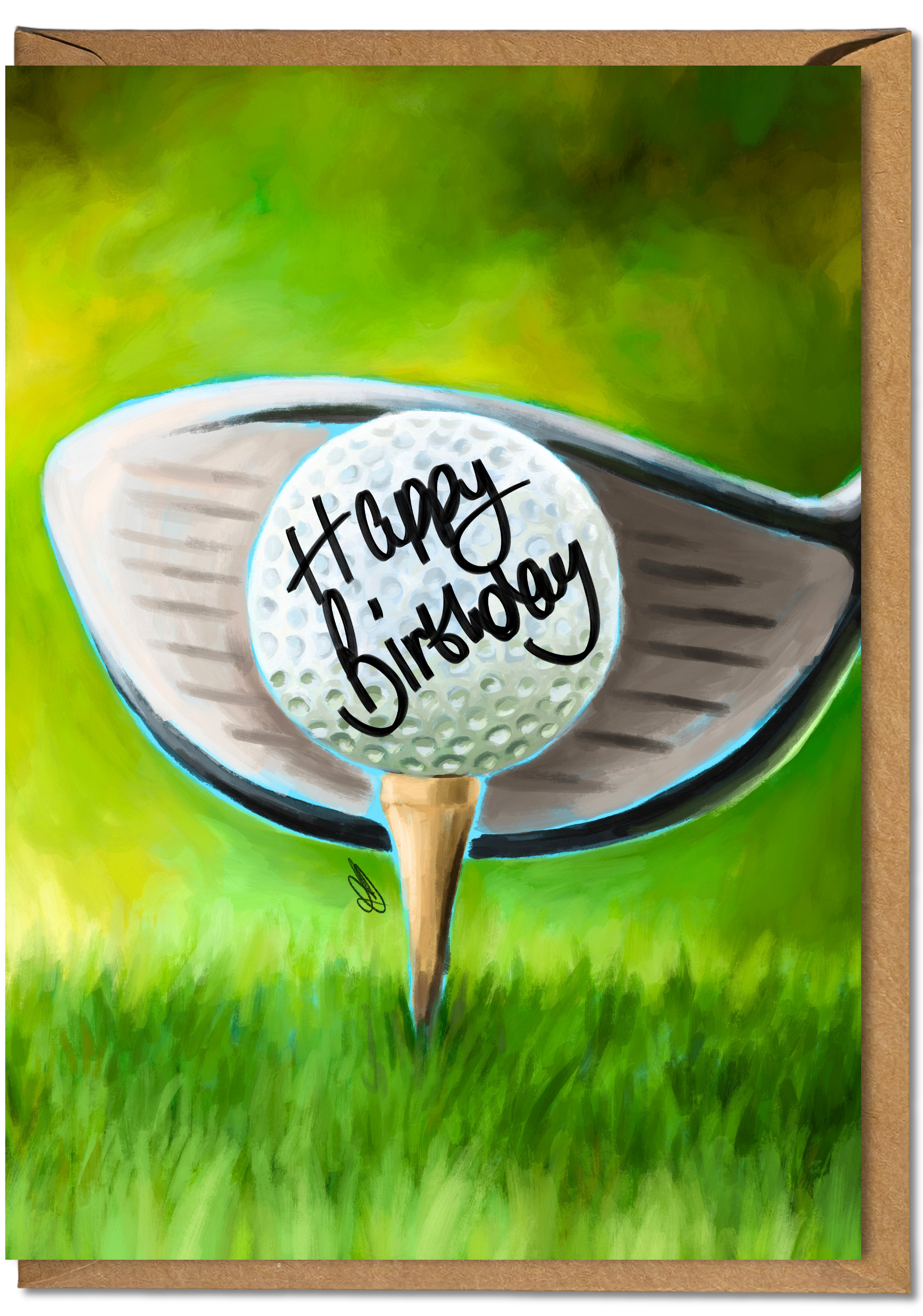 Greeting card with a golf ball and club on a grass background, featuring 'Happy Birthday' text.