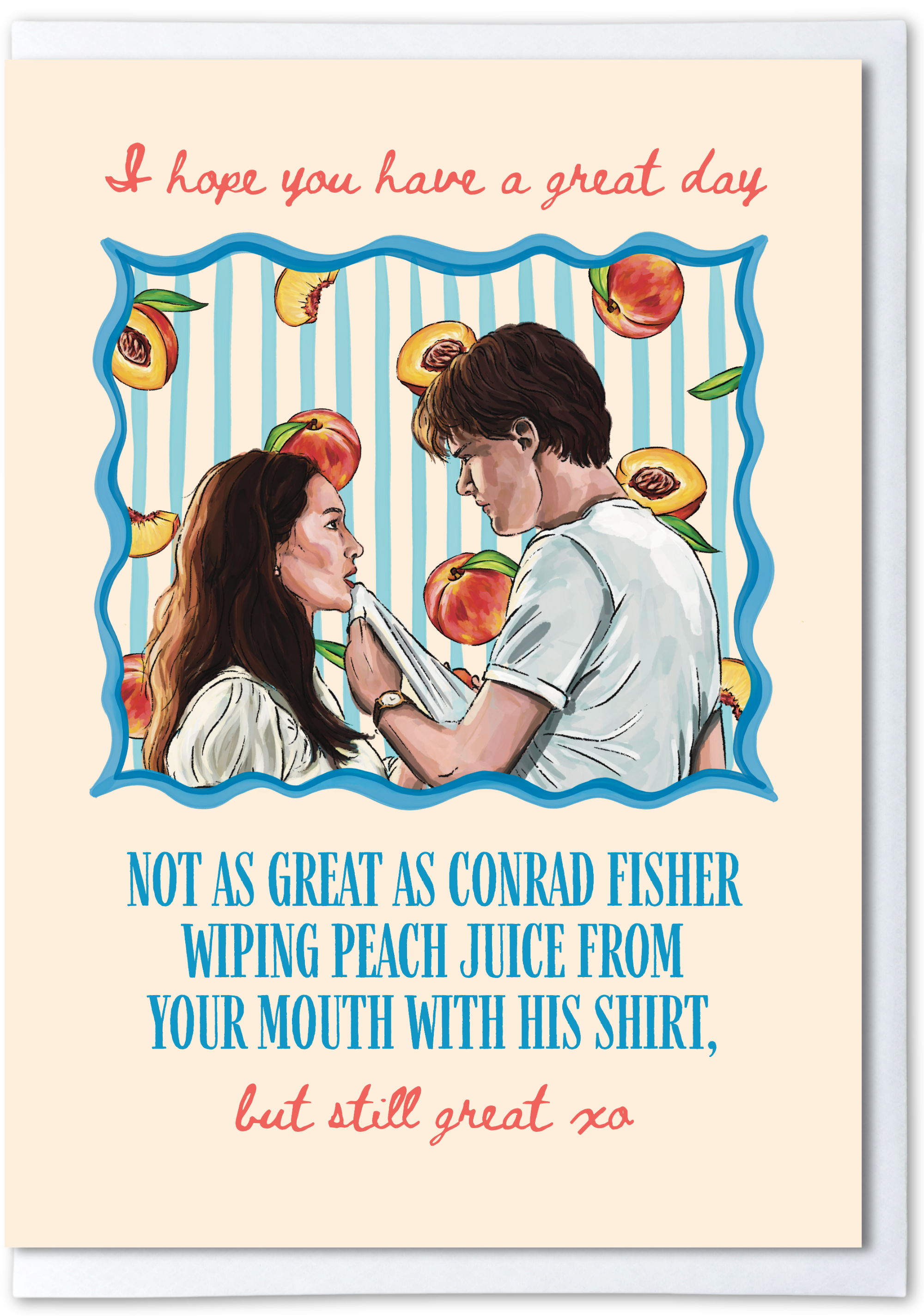 Vintage-style illustration of a couple with peaches and humorous text on a beige background