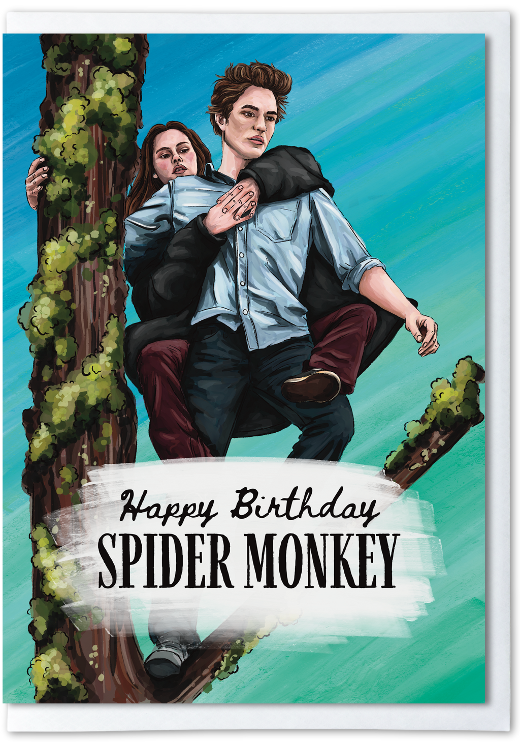 Illustration of a person holding another person up to a tree with 'Happy Birthday Spider Monkey' text.