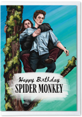 Illustration of a person holding another person up to a tree with 'Happy Birthday Spider Monkey' text.