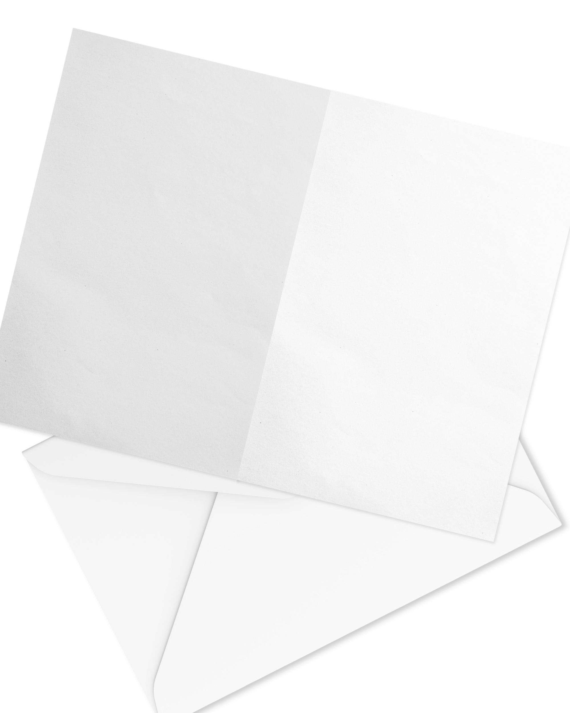 White greeting card on a white background with a white envelope