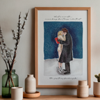 Art print of couple kissing in the snow with a quote saying ‘wait a minute, nice boys don’t kiss like that’ and ‘oh yes they fucking do’ Styled in a frame