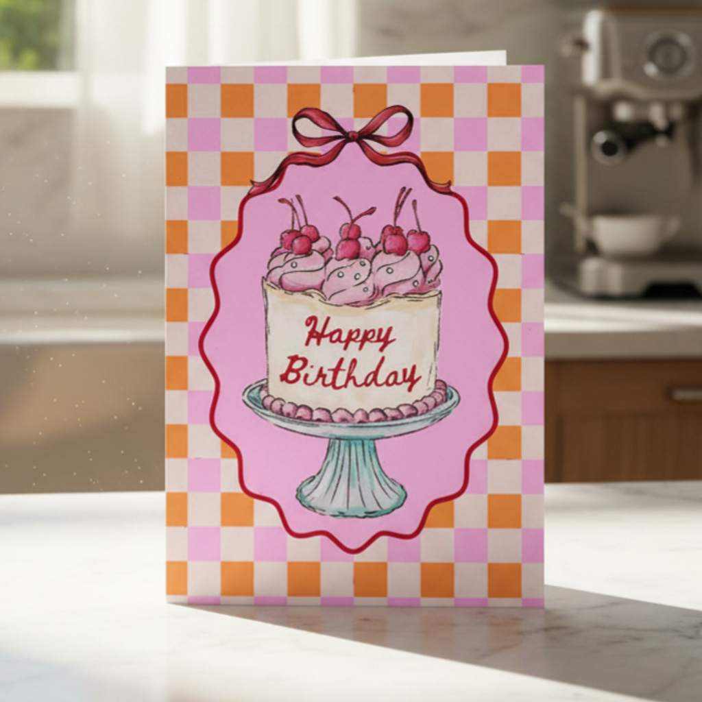 Birthday card with cake illustration on a checkered background, placed on a kitchen counter.