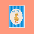 New baby greeting card with blue and white striped border, a white scalloped center, and a yellow duck illustration with the text 'Oh, hello little duckling'.
