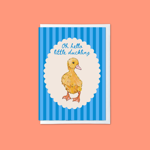 New baby greeting card with blue and white striped border, a white scalloped center, and a yellow duck illustration with the text 'Oh, hello little duckling'.