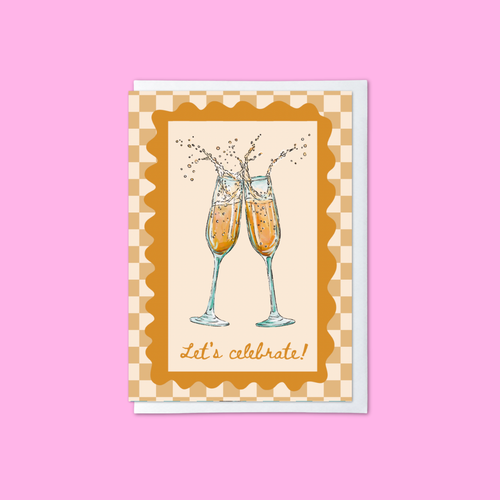 Greeting card featuring an illustration of two clinking champagne glasses with the text 'Let's celebrate!' and a yellow-and-white checkered border.