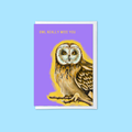 A greeting card featuring an illustration of a barn owl on a purple background with the text 'OWL REALLY MISS YOU' in yellow, shown against a light blue backdrop.