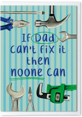 Card with tools and text 'If Dad can't fix it then noone can' on a striped background