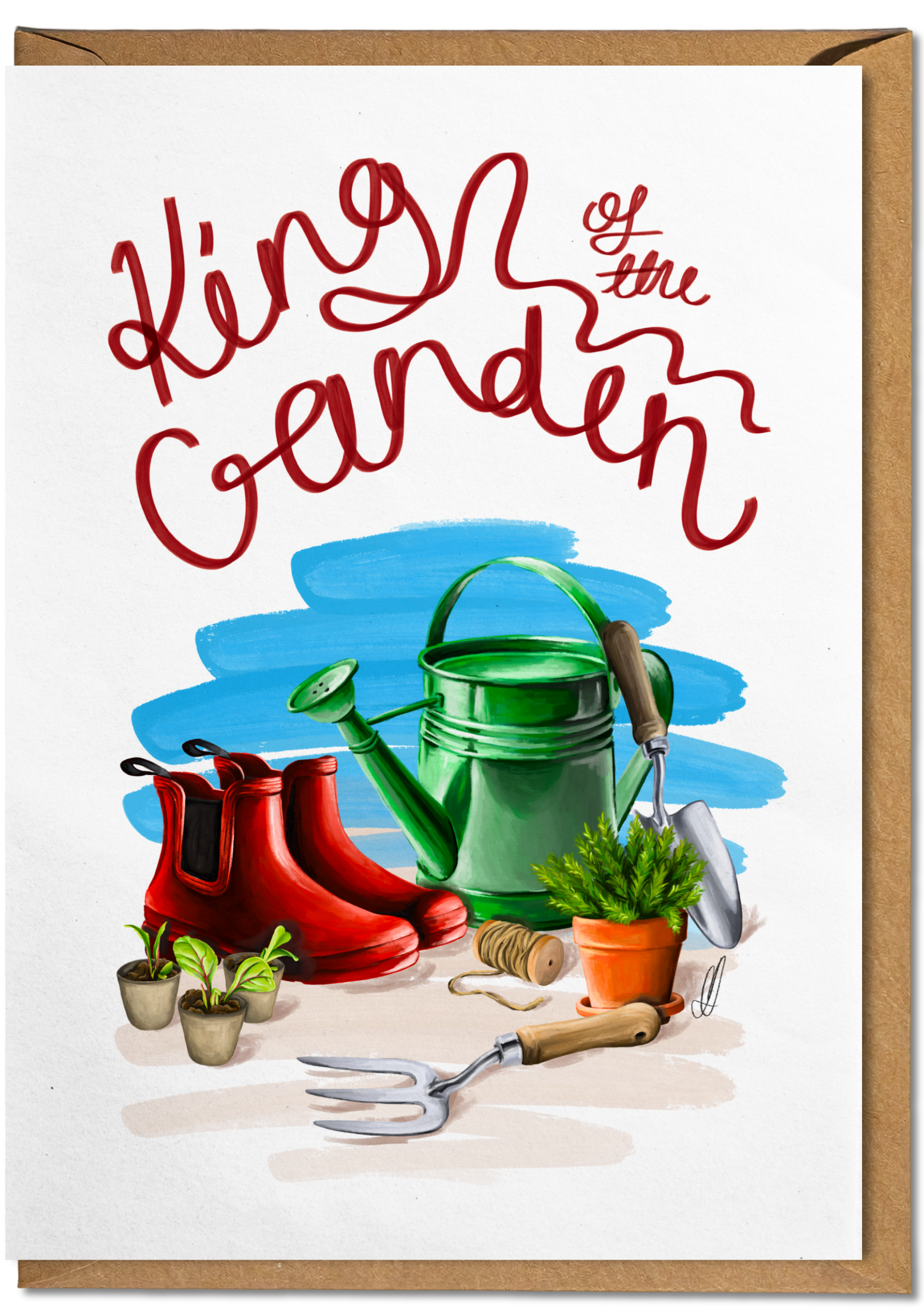 Gardening-themed illustration with tools and plants, featuring the text 'King of the Garden'.