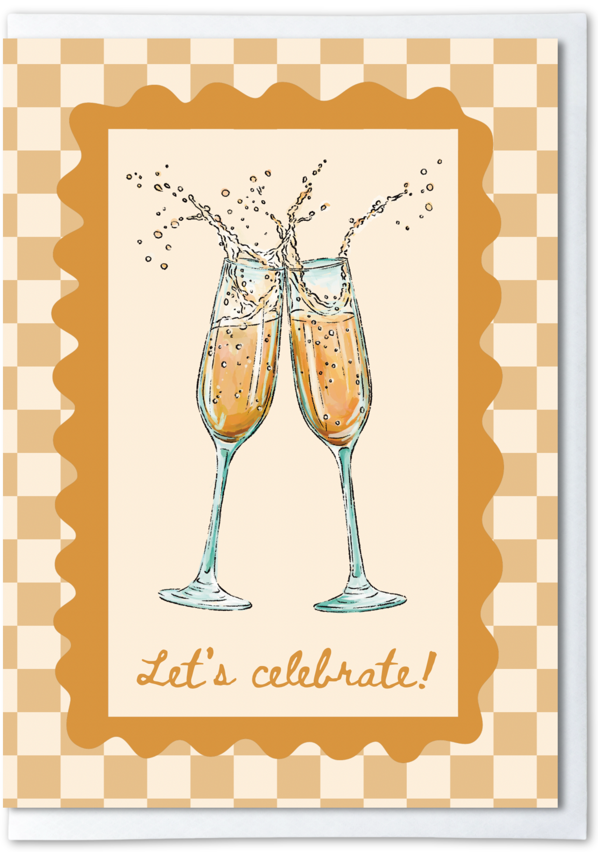 Card with two champagne glasses clinking on a checkered background with 'Let's celebrate!' text.