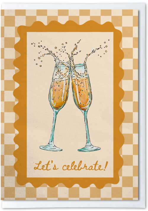 Card with two champagne glasses clinking on a checkered background with 'Let's celebrate!' text.