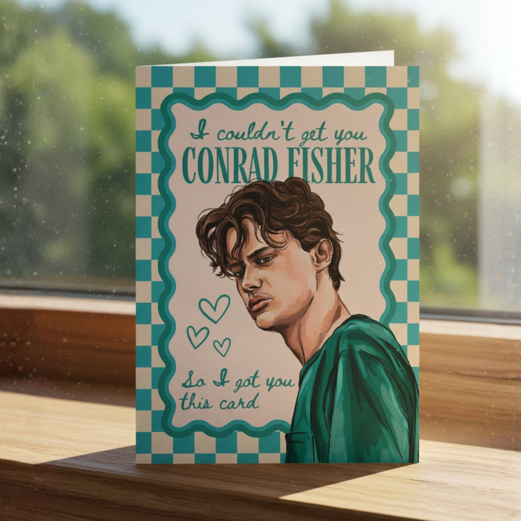 Greeting card with illustration of a person and ”i couldn’t get you Conrad fisher so i got you this card’ text on a checkered background