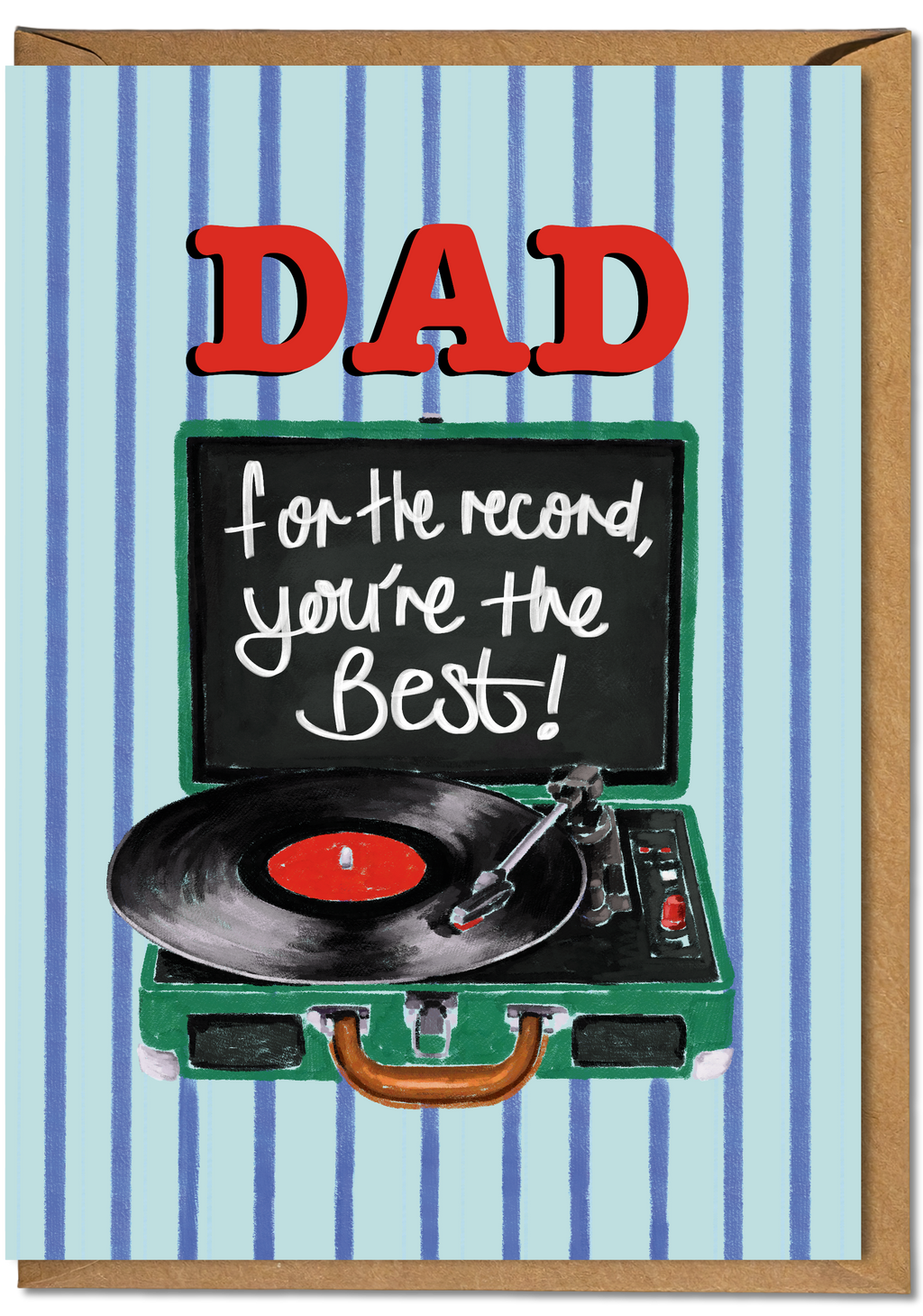 Greeting card with a record player and chalkboard text on a striped background