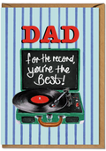 Greeting card with a record player and chalkboard text on a striped background
