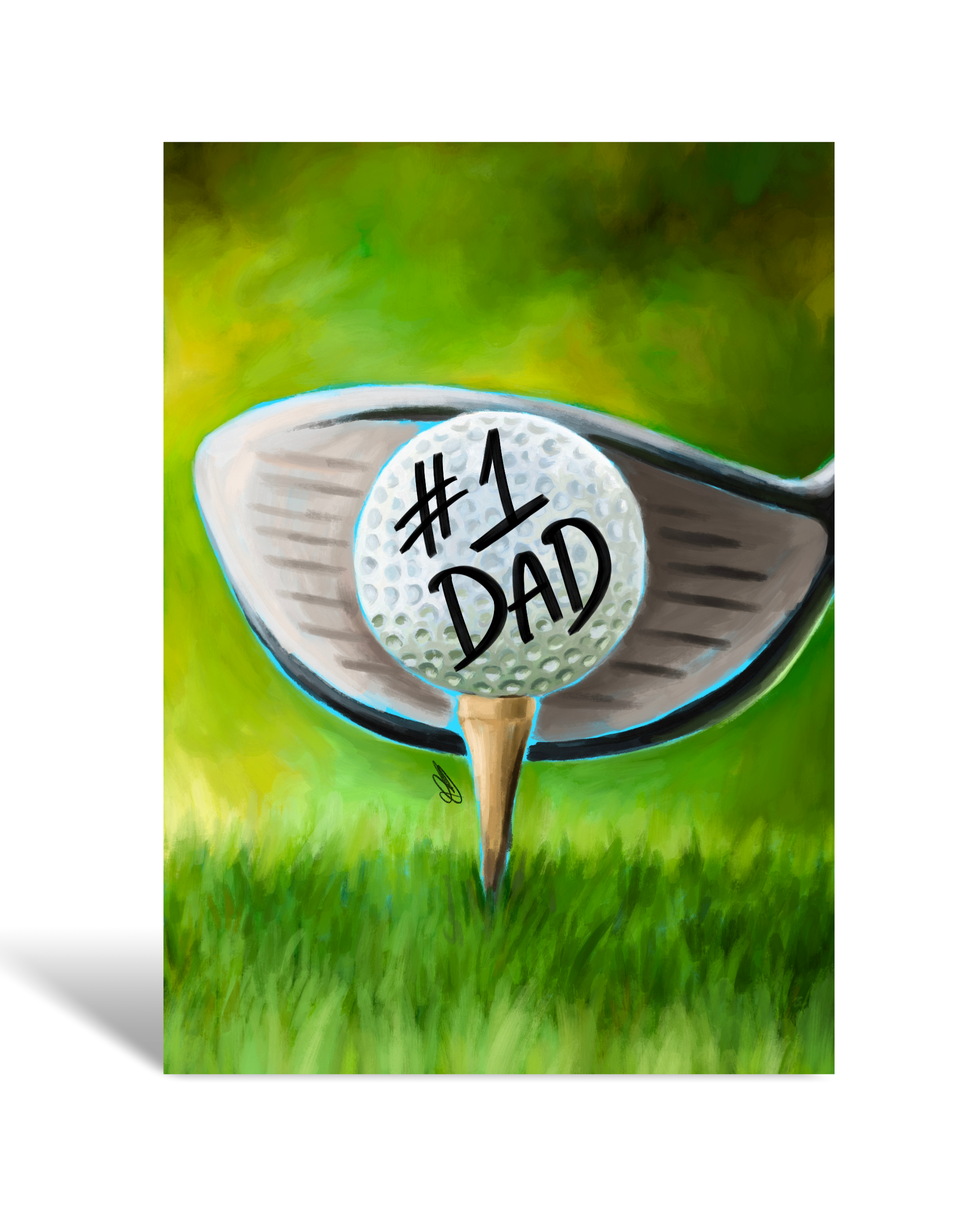 Greeting card with Golf ball with '#1 DAD' text on a tee, struck by a golf club with a green background